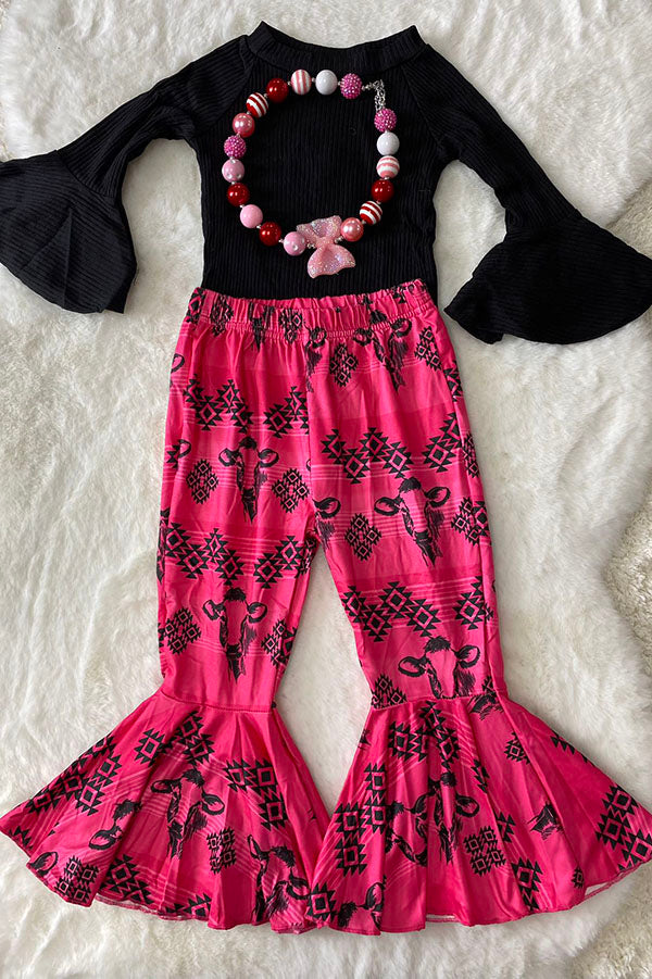 Western black top bull & aztec printed bell bottom girls boutique set DLH2557
