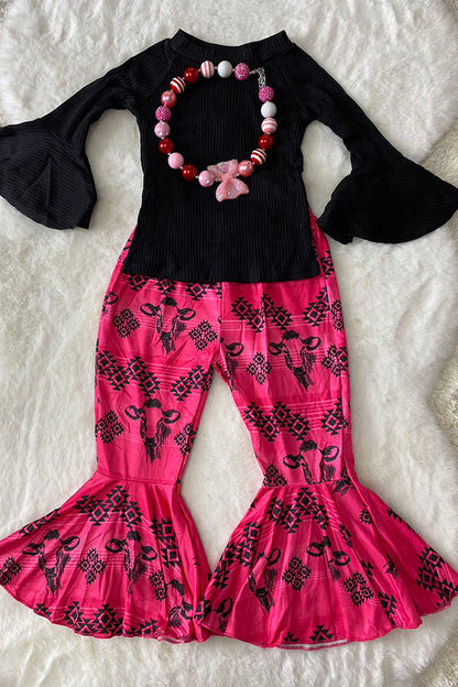 Western black top bull & aztec printed bell bottom girls boutique set DLH2557