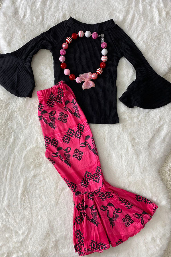 Western black top bull & aztec printed bell bottom girls boutique set DLH2557
