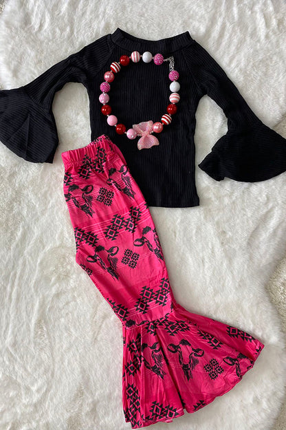 Western black top bull & aztec printed bell bottom girls boutique set DLH2557
