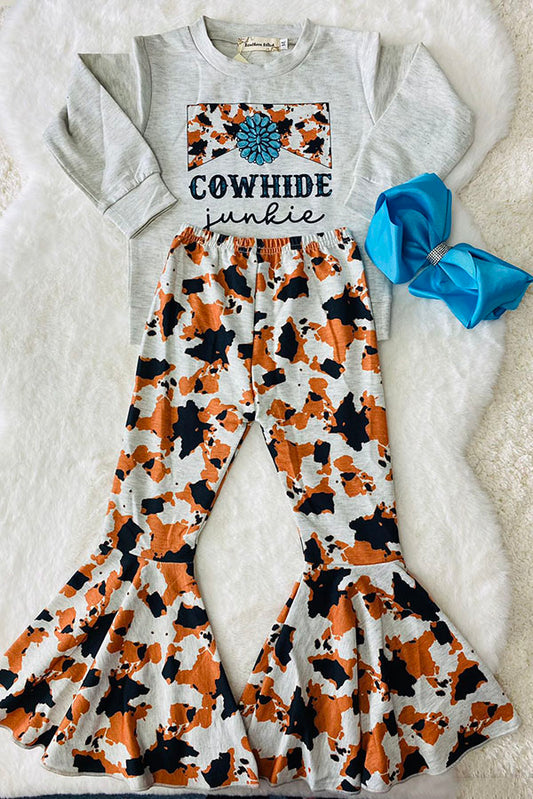 XCH0013-5H COWHIDE junkie cow prints top cow bell bottom pant girls sets