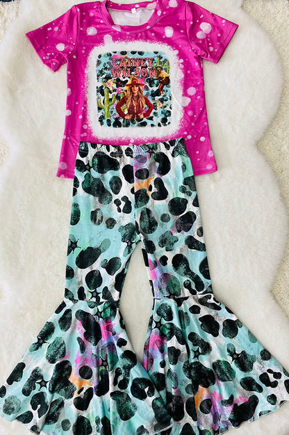 Pink short sleeve top bell bottom printed pant 2pcs girls set DLH2735