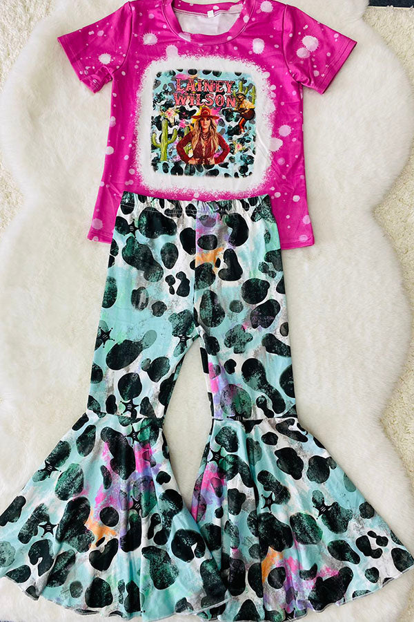 Pink short sleeve top bell bottom printed pant 2pcs girls set DLH2735