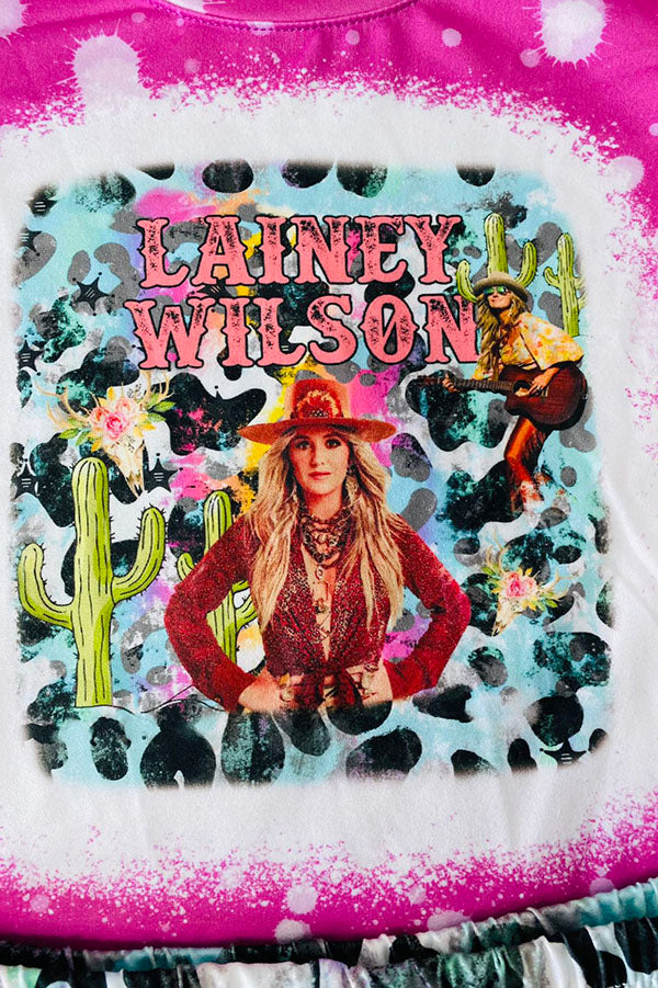 Pink short sleeve top bell bottom printed pant 2pcs girls set DLH2735