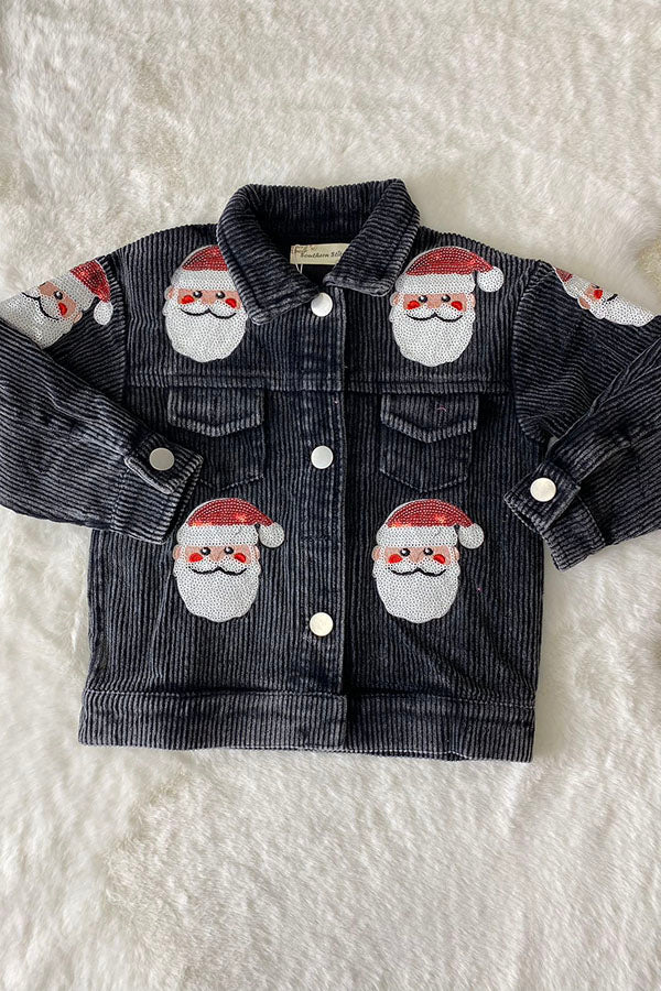 XCH0001-4H Sequin santa embroidery black corduroy girls coat/jacket