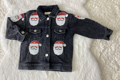 XCH0001-4H Sequin santa embroidery black corduroy girls coat/jacket