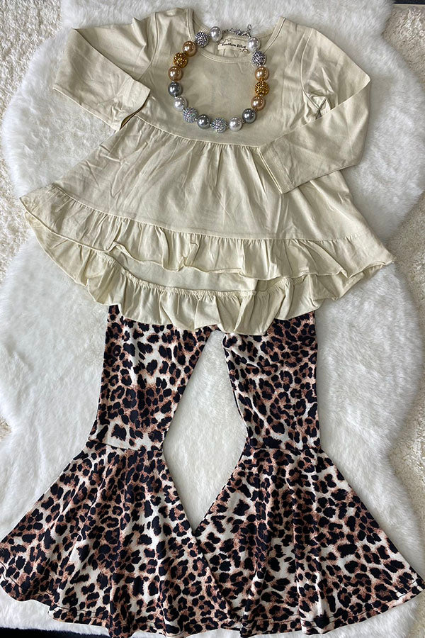 XCH0024-13H Wholesale Beige high-low long sleeve top leopard flare leg girls outfit sets