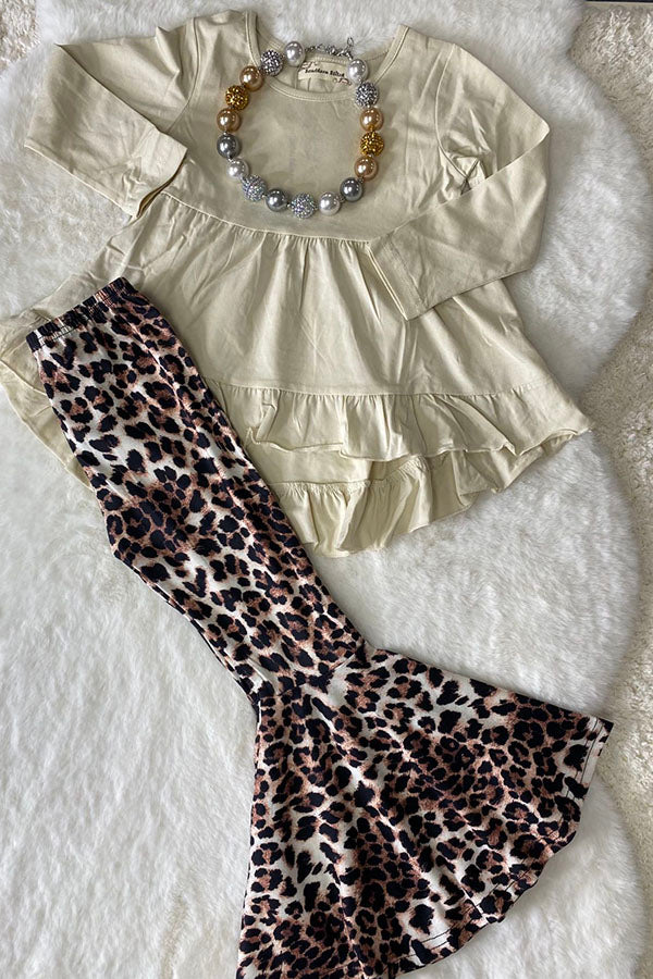 XCH0024-13H Wholesale Beige high-low long sleeve top leopard flare leg girls outfit sets