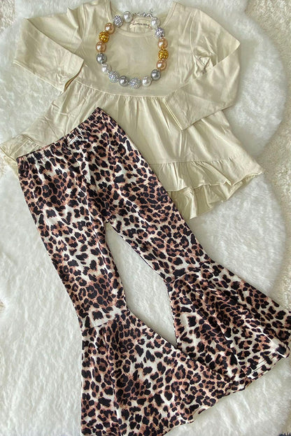 XCH0024-13H Wholesale Beige high-low long sleeve top leopard flare leg girls outfit sets