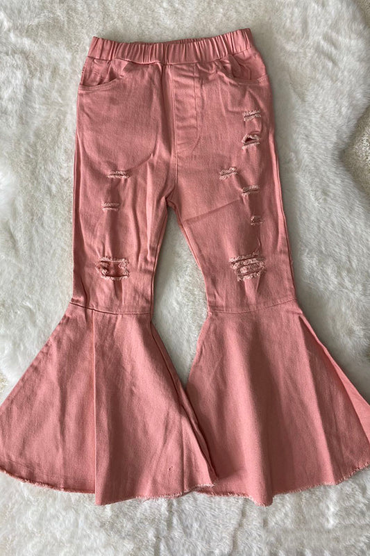 Pink denim girls distressed bell bottoms 206014M