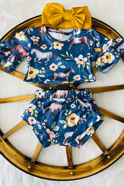 Western floral & horse crop top & shorts baby girl's boutique set 8698MZ