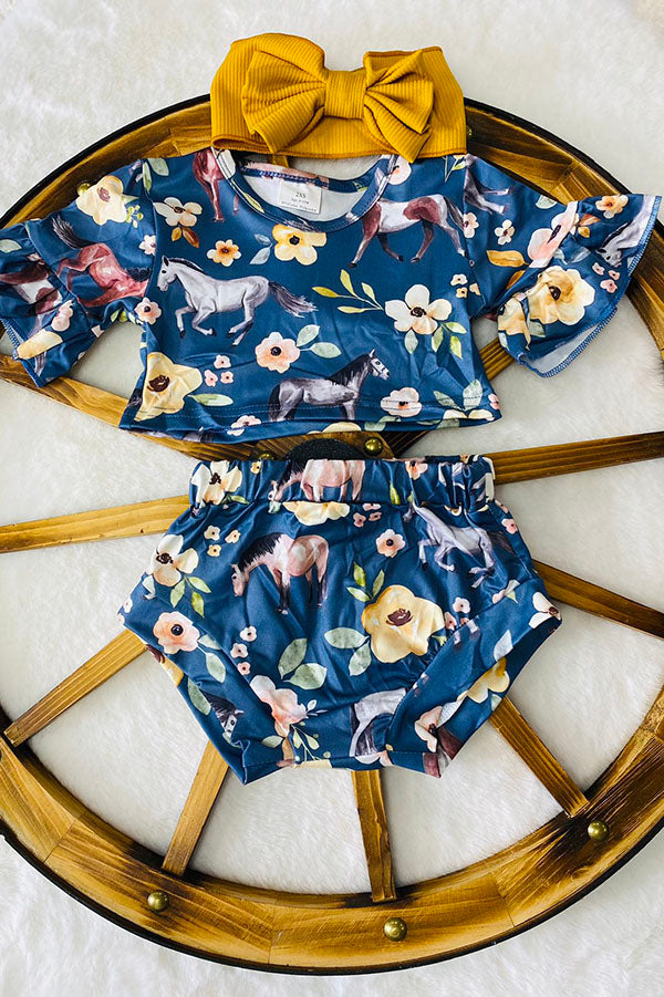 Western floral & horse crop top & shorts baby girl's boutique set 8698MZ