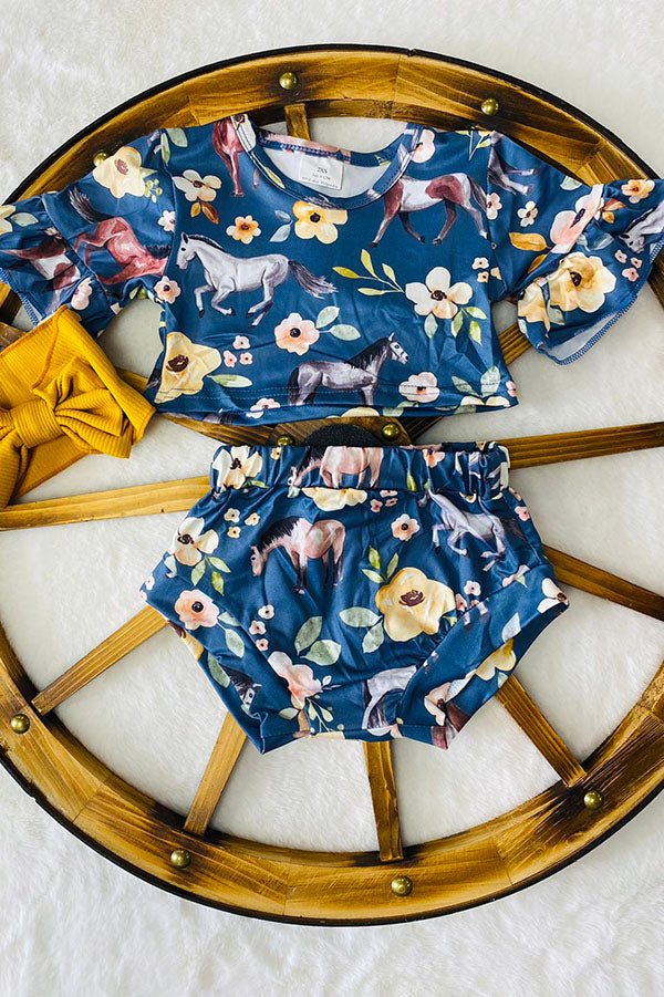 Western floral & horse crop top & shorts baby girl's boutique set 8698MZ