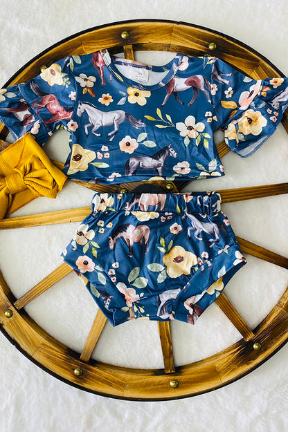 Western floral & horse crop top & shorts baby girl's boutique set 8698MZ