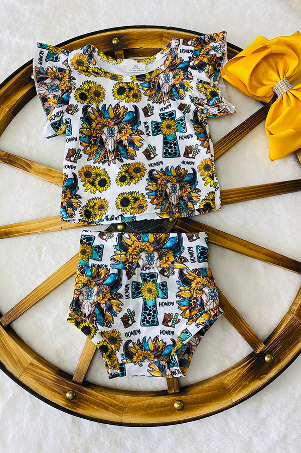 "HOWDY" sunflowers & bull skulls baby set 1120WY