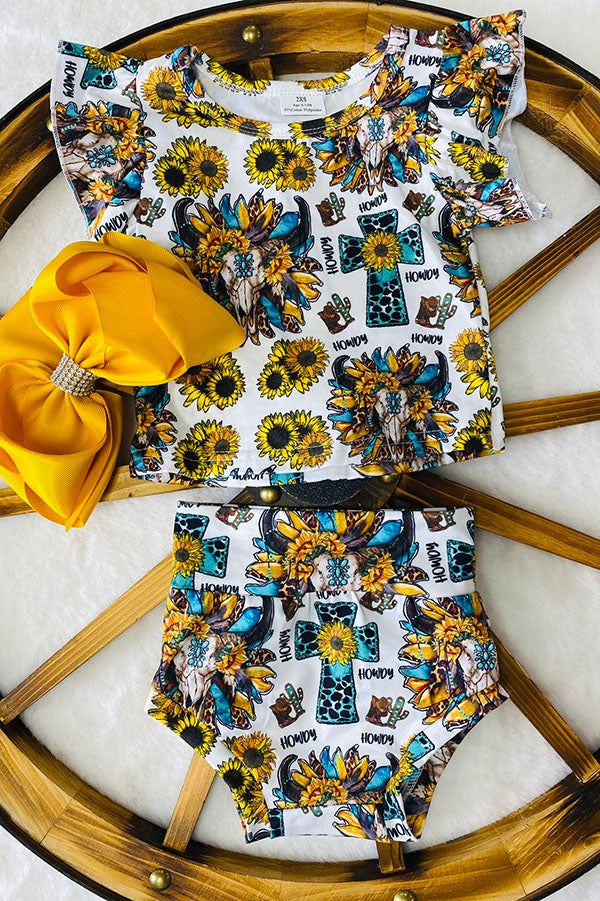 "HOWDY" sunflowers & bull skulls baby set 1120WY