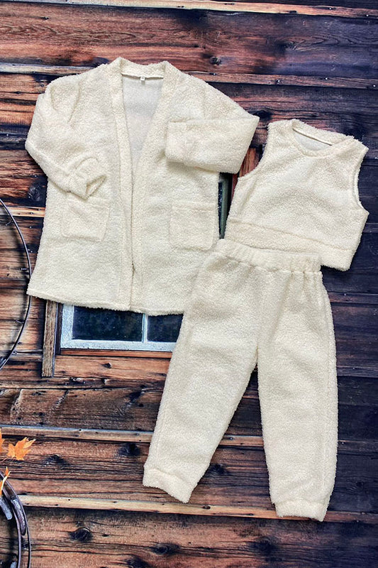 Kids Sherpa cream cardigan & top & pant 3pcs sets DLH2703