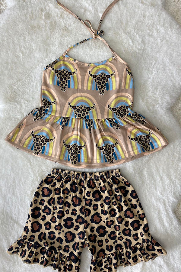 Western Leopard & bull top & shorts girls boutique set wholesale XCH0666-18H