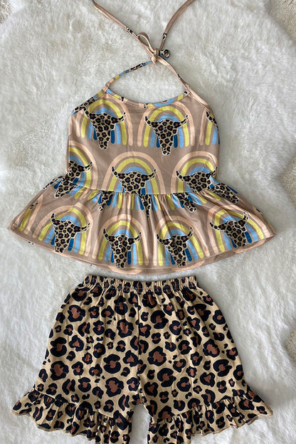Western Leopard & bull top & shorts girls boutique set wholesale XCH0666-18H