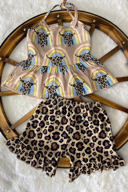 Western Leopard & bull top & shorts girls boutique set wholesale XCH0666-18H