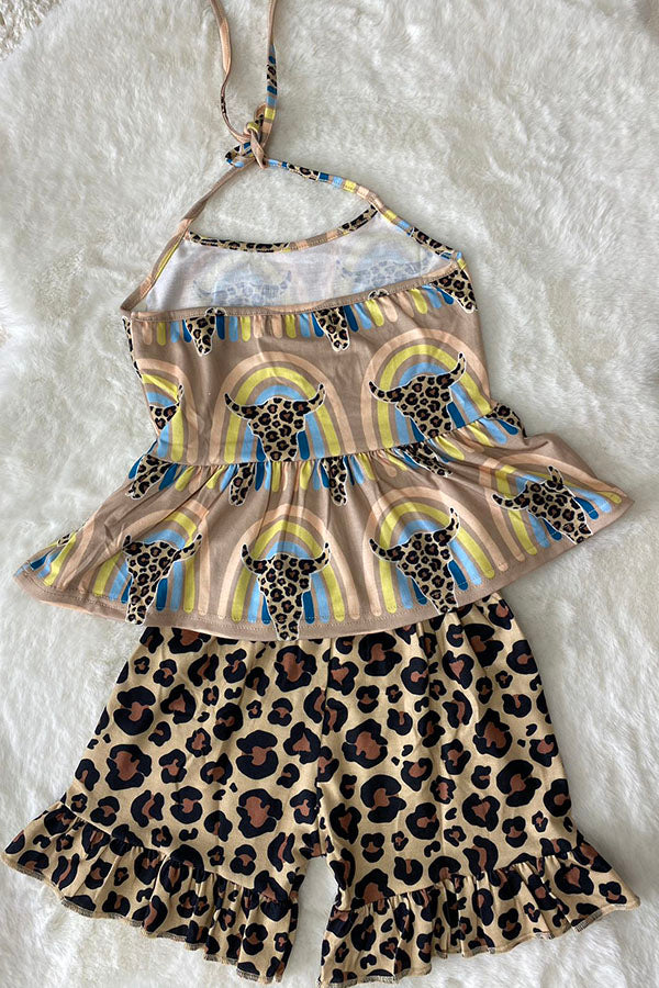 Western Leopard & bull top & shorts girls boutique set wholesale XCH0666-18H