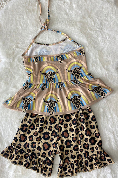 Western Leopard & bull top & shorts girls boutique set wholesale XCH0666-18H