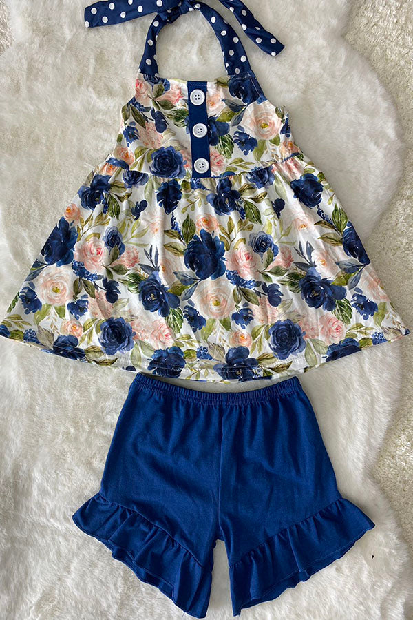 LC0018 Navy & cream floral halter top & ruffle shorts 2pc girls set