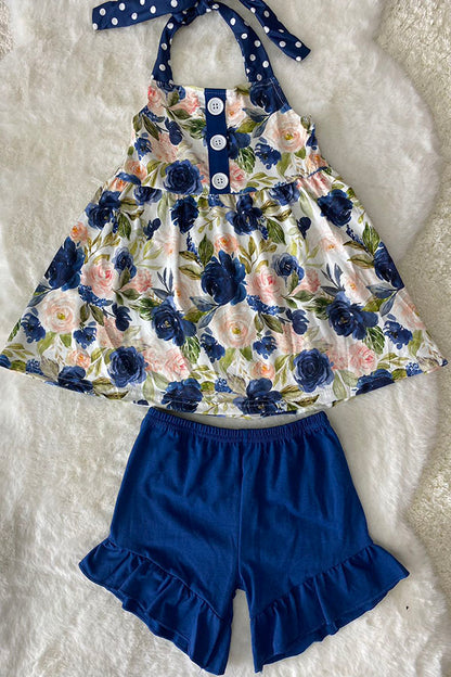 LC0018 Navy & cream floral halter top & ruffle shorts 2pc girls set