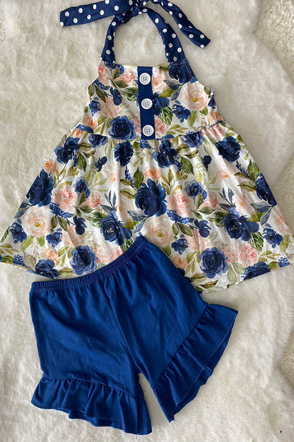 LC0018 Navy & cream floral halter top & ruffle shorts 2pc girls set