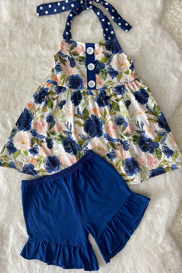 LC0018 Navy & cream floral halter top & ruffle shorts 2pc girls set