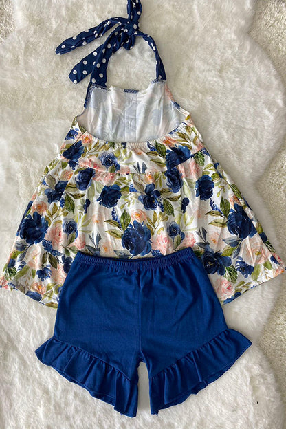 LC0018 Navy & cream floral halter top & ruffle shorts 2pc girls set
