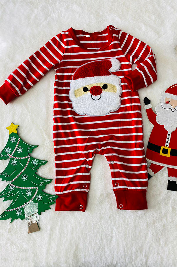 DLH2824 Christmas red white striped & santa patch long sleeve baby romper