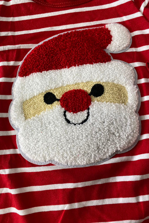 DLH2824 Christmas red white striped & santa patch long sleeve baby romper