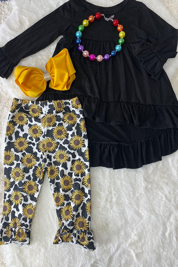 Western black high low top sunflower legging girls boutique set DLH2539