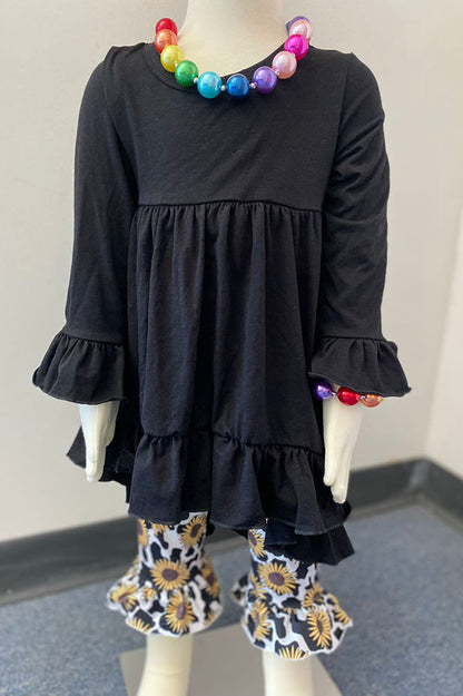 Western black high low top sunflower legging girls boutique set DLH2539