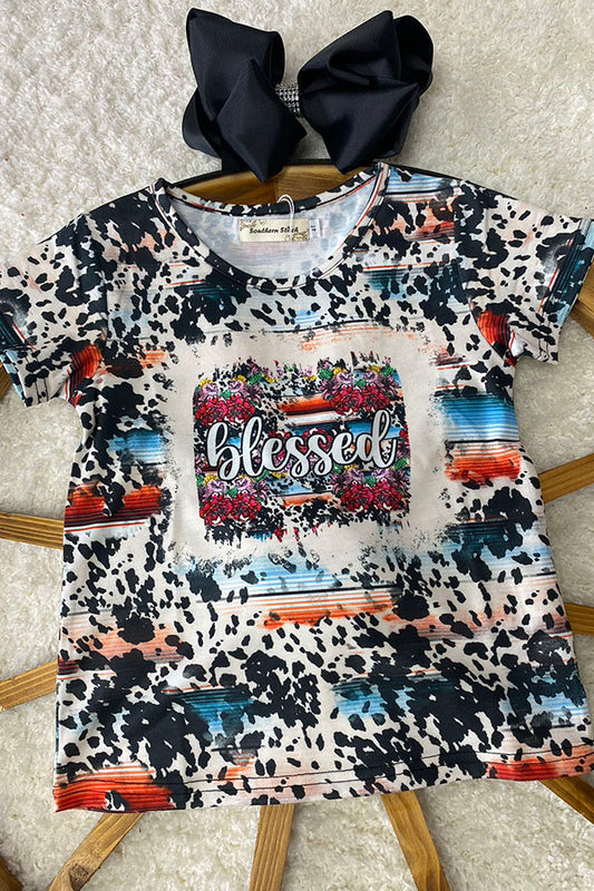 "BLESSED" serape & cow print short sleeve top XCH0722-14H