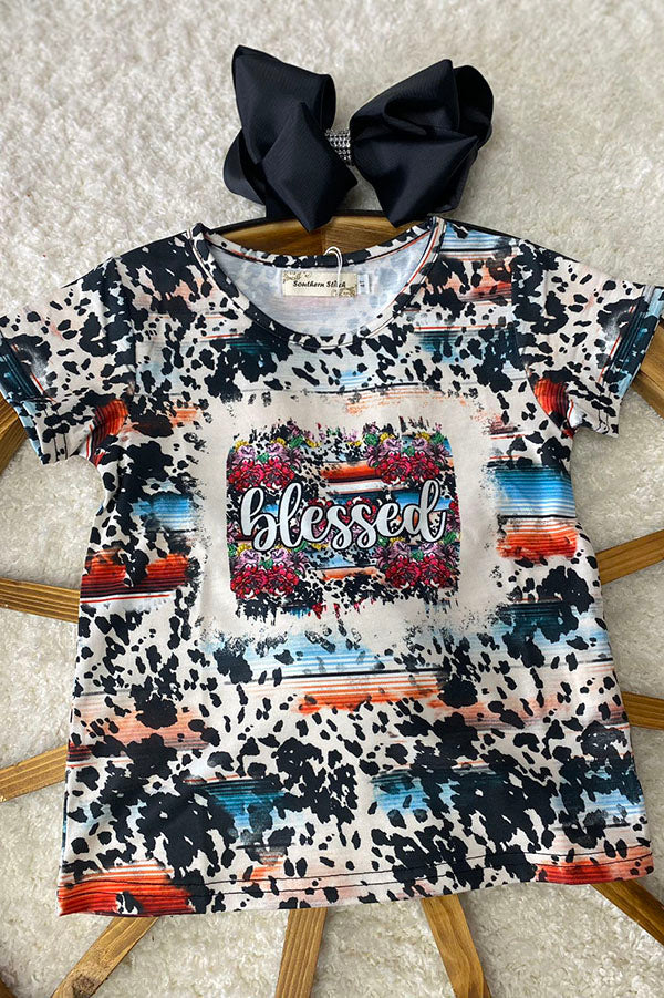 "BLESSED" serape & cow print short sleeve top XCH0722-14H