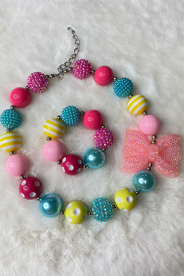 240342 Multi color bubble girls necklace & bracelet sets w/bow