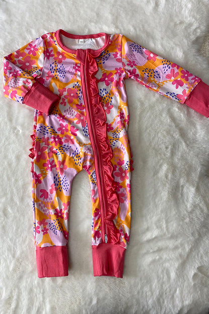 DLH2825 Flora printed long sleeve baby onesie w/ruffles