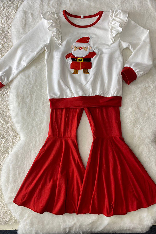 DLH2807 Chrsitmas Santa embroidery sweatershirt red pant 2pc girls clothing sets