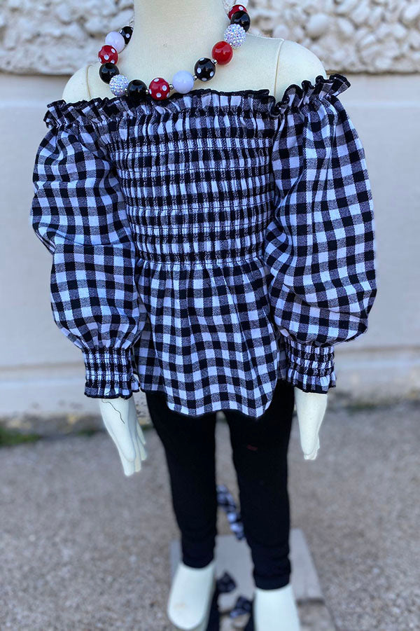 DLH2818 Black/white checkered top black legging girls outfit sets