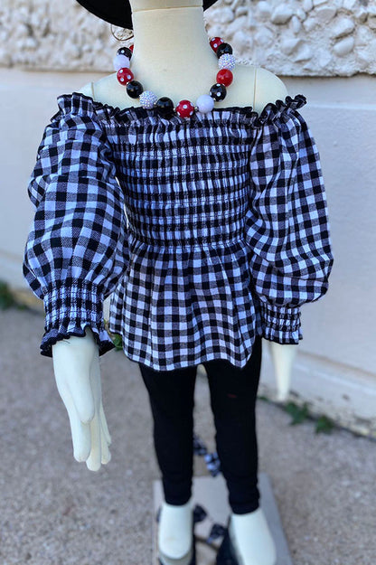 DLH2818 Black/white checkered top black legging girls outfit sets