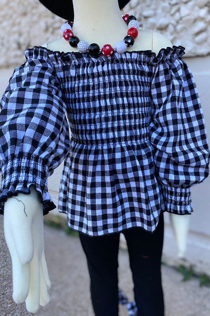 DLH2818 Black/white checkered top black legging girls outfit sets