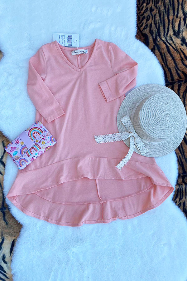 XCH0020-6H Pink long style high-low long sleeve girls dress