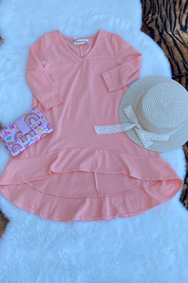 XCH0020-6H Pink long style high-low long sleeve girls dress