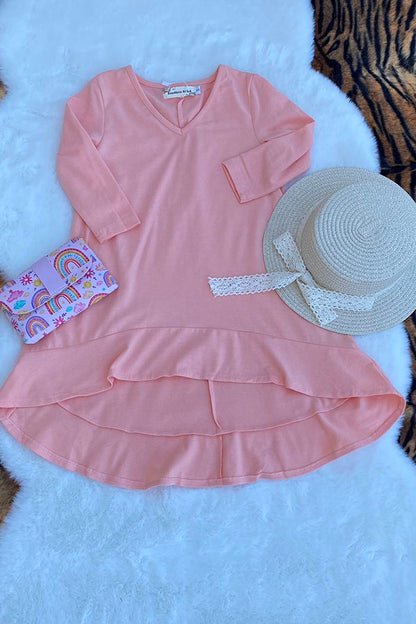 XCH0020-6H Pink long style high-low long sleeve girls dress