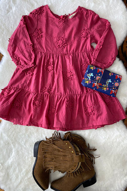 XCH03001 Hot pink floral embroidery long sleeve girls dress