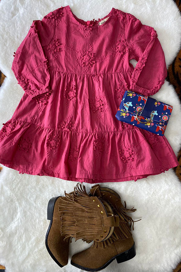 Dusty rose floral embroidery long sleeve girls dress XCH03001