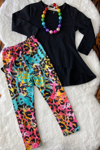 XCH04002 Black high-low style long sleeve top colorful leopard legging girls sets