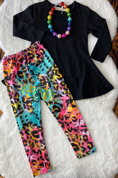 XCH04002 Black high-low style long sleeve top colorful leopard legging girls sets